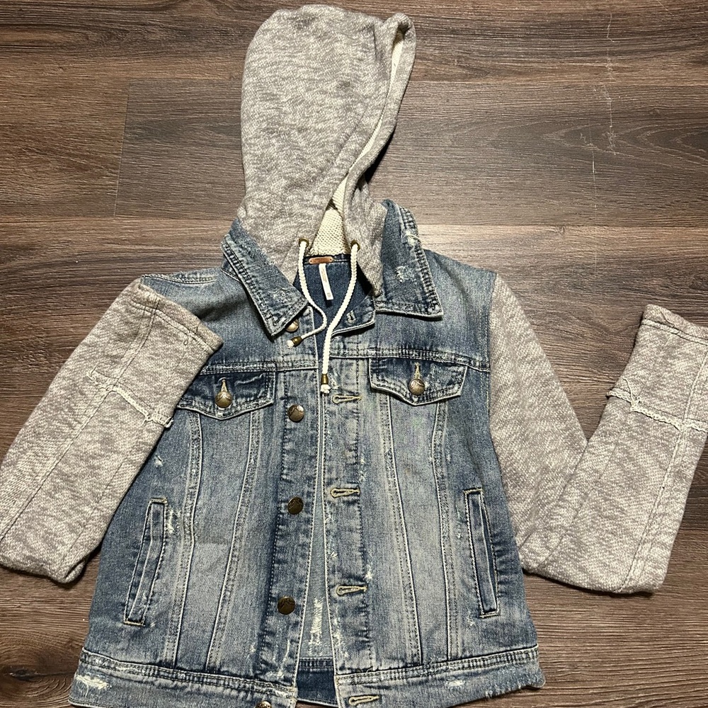 Free People Denim Jacket with Gray knit sleeves and hood